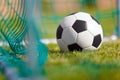 Classic football (soccer) ball on green grass ground at the back of the goal net Royalty Free Stock Photo