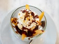 Dessert Poires belle Helene of pear with ice cream and chocolate sauce Royalty Free Stock Photo