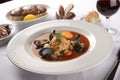 classic french dishes, like bouillabaisse and cassoulet, on a white plate