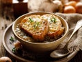 Classic French onion soup baked with cheese croutons sprinkled with fresh thyme Royalty Free Stock Photo