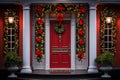 Classic front door with Christmas decorations and garland.