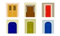 Classic front doors set. Wooden house entrances, building facade element vector illustratio