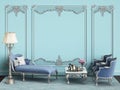 Classic furniture in blue velvet and silver in classic interior