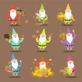 Classic Garden Gnomes In Colorful Outfits Set Of Cartoon Characters Different Situations