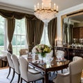 A classic, Georgian-style dining room with a formal table, antique sideboard, and crystal chandelier5, Generative AI