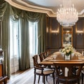 A classic, Georgian-style dining room with a formal table, antique sideboard, and crystal chandelier3, Generative AI