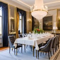 A classic, Georgian-style dining room with a formal table, antique sideboard, and crystal chandelier1, Generative AI