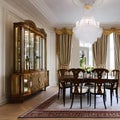 A classic, Georgian-style dining room with a formal table, antique sideboard, and crystal chandelier4, Generative AI