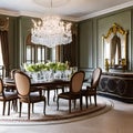 A classic, Georgian-style dining room with a formal table, antique sideboard, and crystal chandelier3, Generative AI