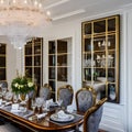 A classic, Georgian-style dining room with a formal table, antique sideboard, and crystal chandelier2, Generative AI