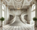 Classic Georgian-style foyer with a grand staircase and detailed moldings3D render