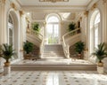 Classic Georgian-style foyer with a grand staircase and detailed moldings3D render