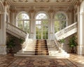 Classic Georgian-style foyer with a grand staircase and detailed moldings3D render