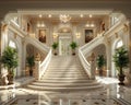 Classic Georgian-style foyer with a grand staircase and detailed moldings3D render