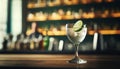 Classic Gimlet in a chilled cocktail glass, focus on the clear lime drink, bar blurred in the background.. AI generated.