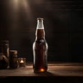 Classic glass bottle of dark brown soda with frosted condensation layer