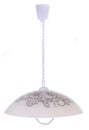 Classic glass dome pendant light with shade with black flowers pattern on a cable stem isolated on white background