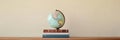 Classic globe rests on stacked travel guidebooks in a cozy travel inspired space. Generative AI Royalty Free Stock Photo