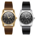 Classic gold and silver wrist watch. Brown and black strap on white background vector.