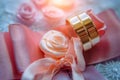 Classic gold wedding rings on pink ribbons, close-up, selective focus. Vintage photography of the wedding day Royalty Free Stock Photo