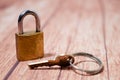 Classic golden bronze padlock with keys on a wooden background. Concept of security Royalty Free Stock Photo