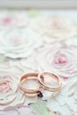Classic golden wedding rings on the floral painted roses background. Invitation card Royalty Free Stock Photo