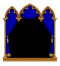 Classic gothic architectural decorative frame with a blue curtain on black Royalty Free Stock Photo