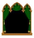 Classic gothic architectural decorative frame with a green curtain on black