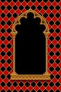 Classic gothic decorative frame on red and black rhomboids background with gold wire grid Royalty Free Stock Photo