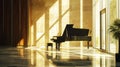 Classic grand black piano in aesthetic minimalist style room interior full of light. Musical concept. Generative AI