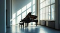 Classic grand black piano in aesthetic minimalist style room interior full of light. Musical concept. Generative AI