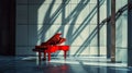 Classic grand red piano in aesthetic minimalist style room interior full of light. Musical concept. Generative AI Royalty Free Stock Photo