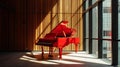 Classic grand red piano in aesthetic minimalist style room interior full of light. Musical concept. Generative AI Royalty Free Stock Photo