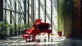 Classic grand red piano in aesthetic minimalist style room interior full of light. Musical concept. Generative AI Royalty Free Stock Photo