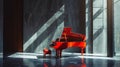 Classic grand red piano in aesthetic minimalist style room interior full of light. Musical concept. Generative AI Royalty Free Stock Photo