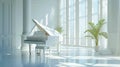 Classic grand white piano in aesthetic minimalist style room interior full of light. Musical concept. Generative AI