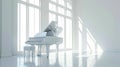 Classic grand white piano in aesthetic minimalist style room interior full of light. Musical concept. Generative AI Royalty Free Stock Photo