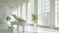 Classic grand white piano in aesthetic minimalist style room interior full of light. Musical concept. Generative AI Royalty Free Stock Photo