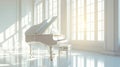 Classic grand white piano in aesthetic minimalist style room interior full of light. Musical concept. Generative AI Royalty Free Stock Photo