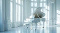 Classic grand white piano in aesthetic minimalist style room interior full of light. Musical concept. Generative AI Royalty Free Stock Photo