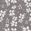 Classic graphic floral seamless pattern with pencil drawing twigs with abstract flowers and buds