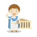 Classic greek cartoon character with Parthenon. Vector Illustration.