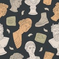 Classic greek sculpture seamless pattern. Antique marble heads and body parts, greek ancient gods sculptures flat vector Royalty Free Stock Photo