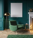 Classic green interior with armchair, fireplace, candle, floor lamp, carpet.