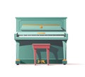 Classic green upright grand piano with banquette. Musical instrument. Vector illustration for design