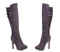 Classic grey brown suede leather high knee ankle heels female boots. Two isolated