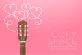 Classic guitar brown color and heart symbol made from guitar strings illustration concept idea isolated on pink gradient