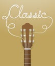 Classic guitar brown color and classic text made from guitar strings illustration concept idea isolated on light brown gradient