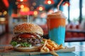 Classic hamburger with fries and milkshake in a retro diner with bright colors and a vintage vibe Royalty Free Stock Photo