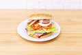 Classic hamburger with a lot of tomato, a lot of white onion, iceberg lettuce, ham and a slice of cheese on a beef fillet Royalty Free Stock Photo